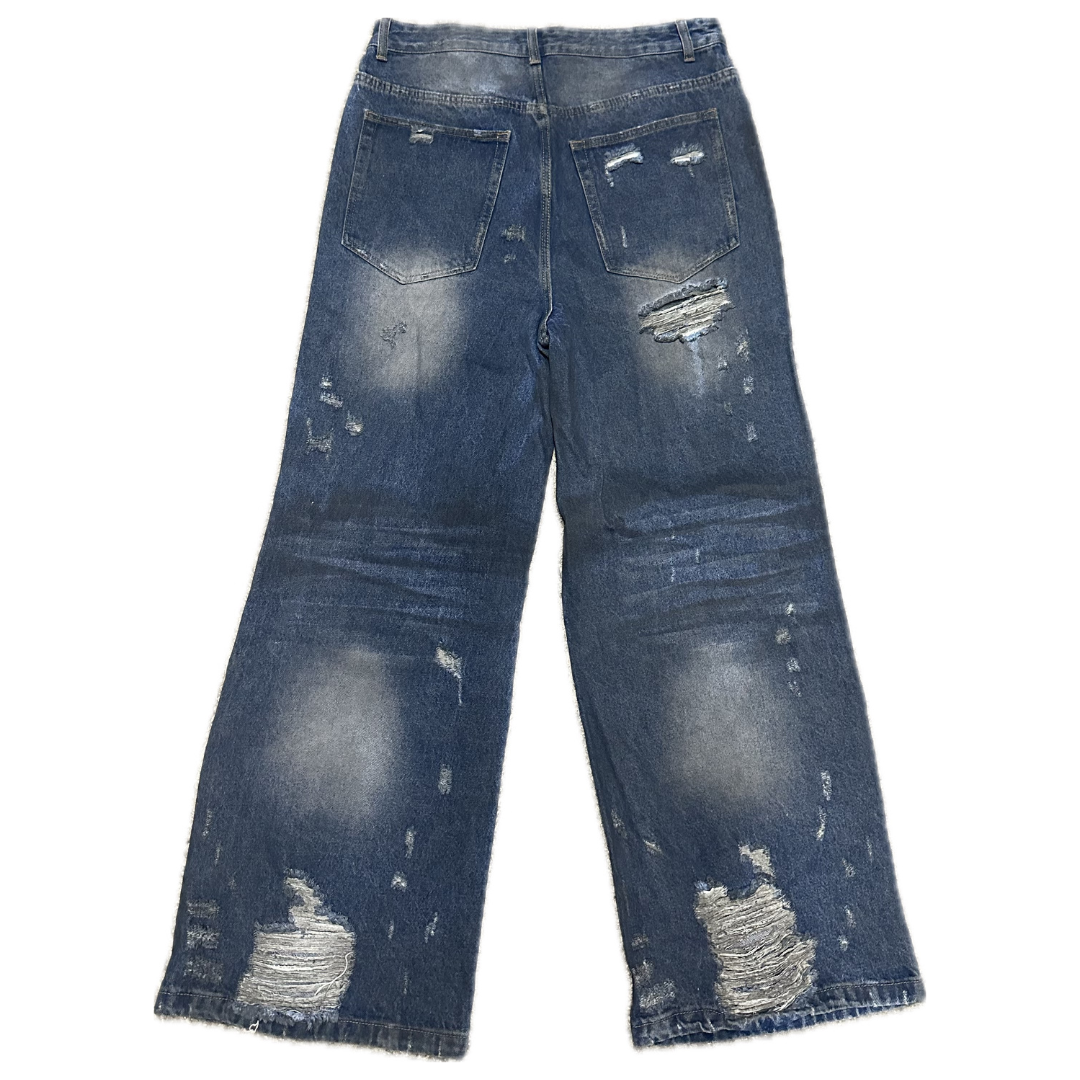 Dark Blue Distressed Baggy Denim.